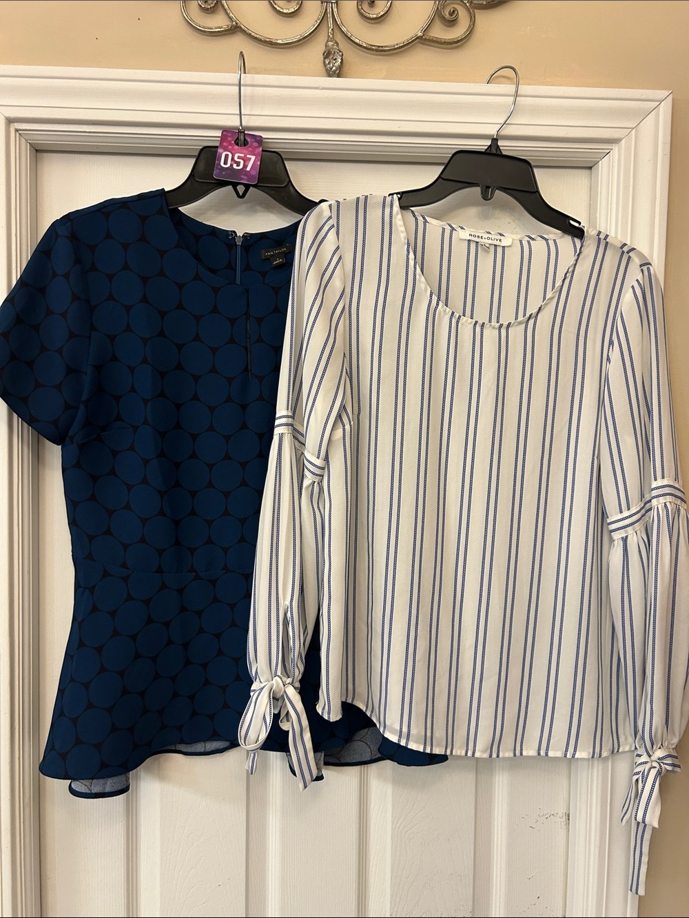 Rose & Olive White Blouse with Blue Stripes
Ann Taylor zip back top